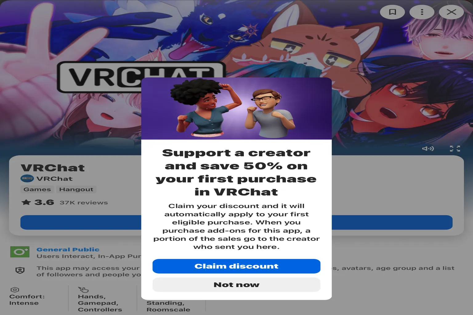 Meta Quest VRChat creator offer showing a 50% discount on the first eligible in-app purchase