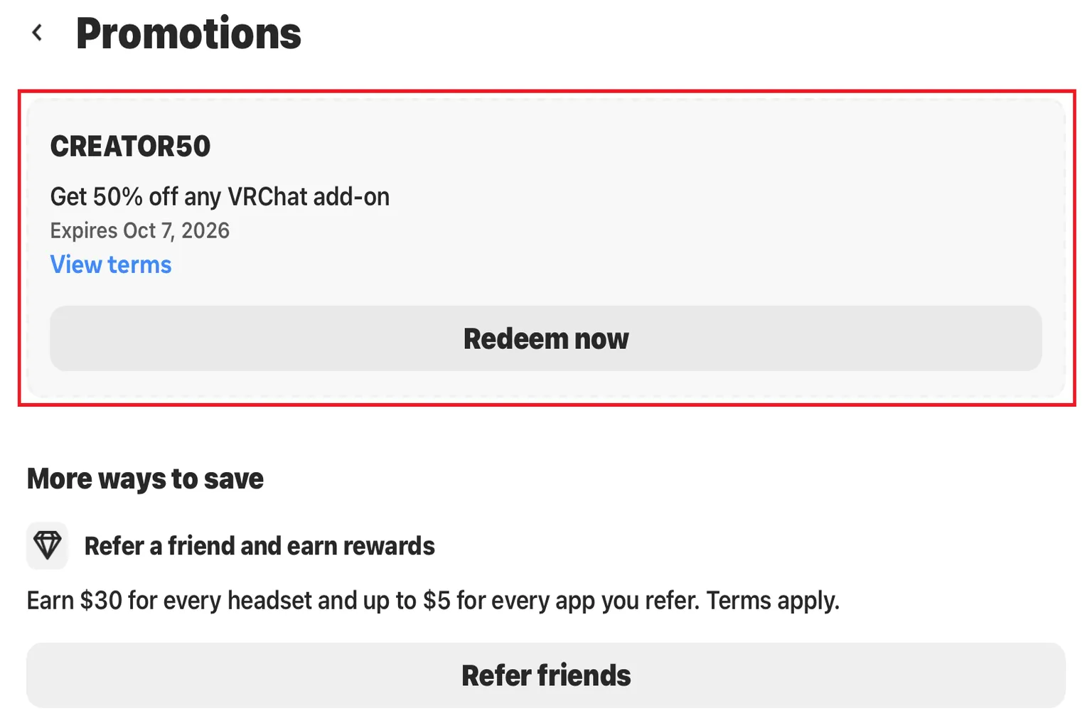 Meta Promotions page showing the CREATOR50 offer for 50% off eligible VRChat add-ons