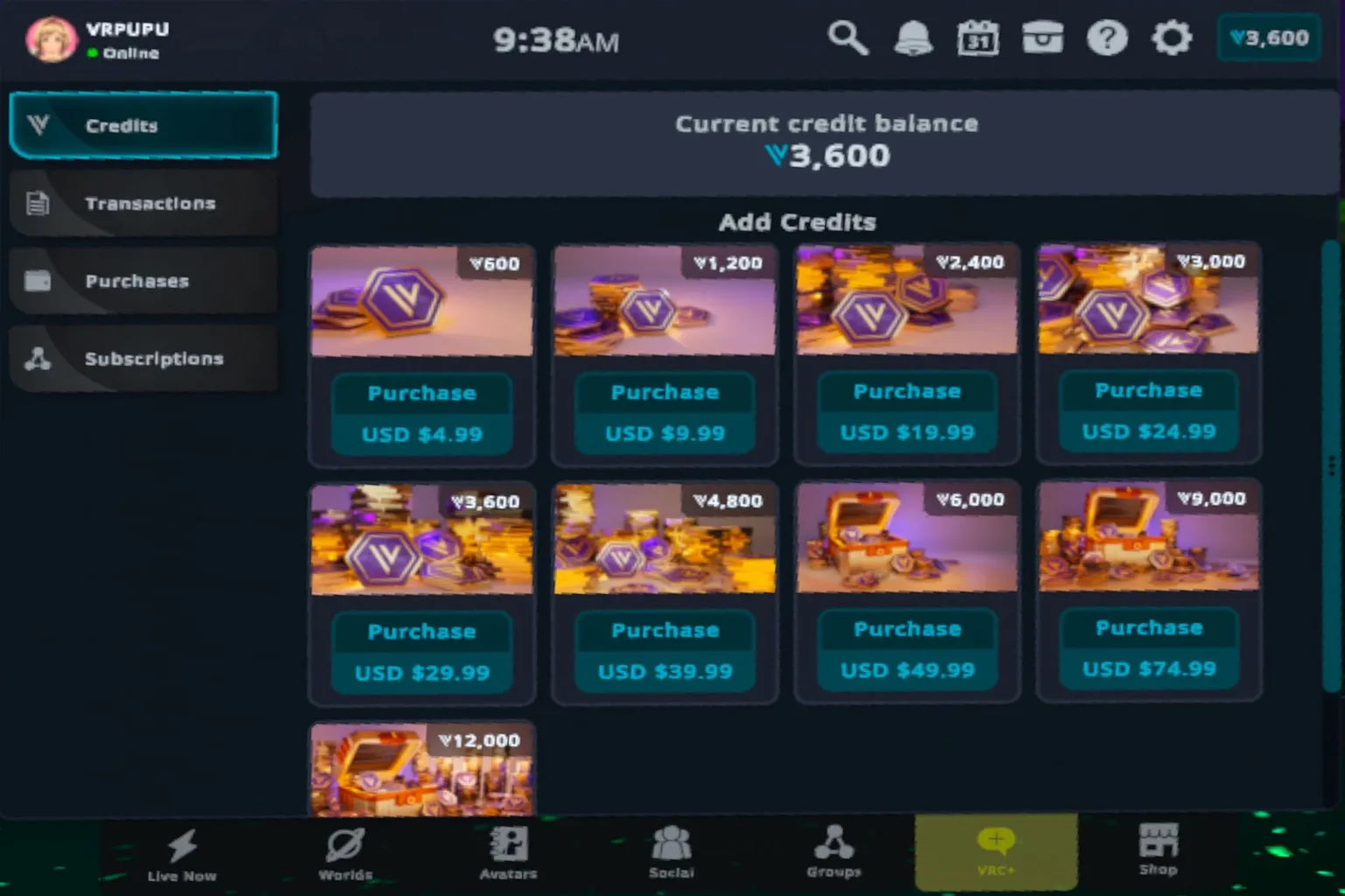 VRChat Credits purchase page showing available credit packs and USD prices