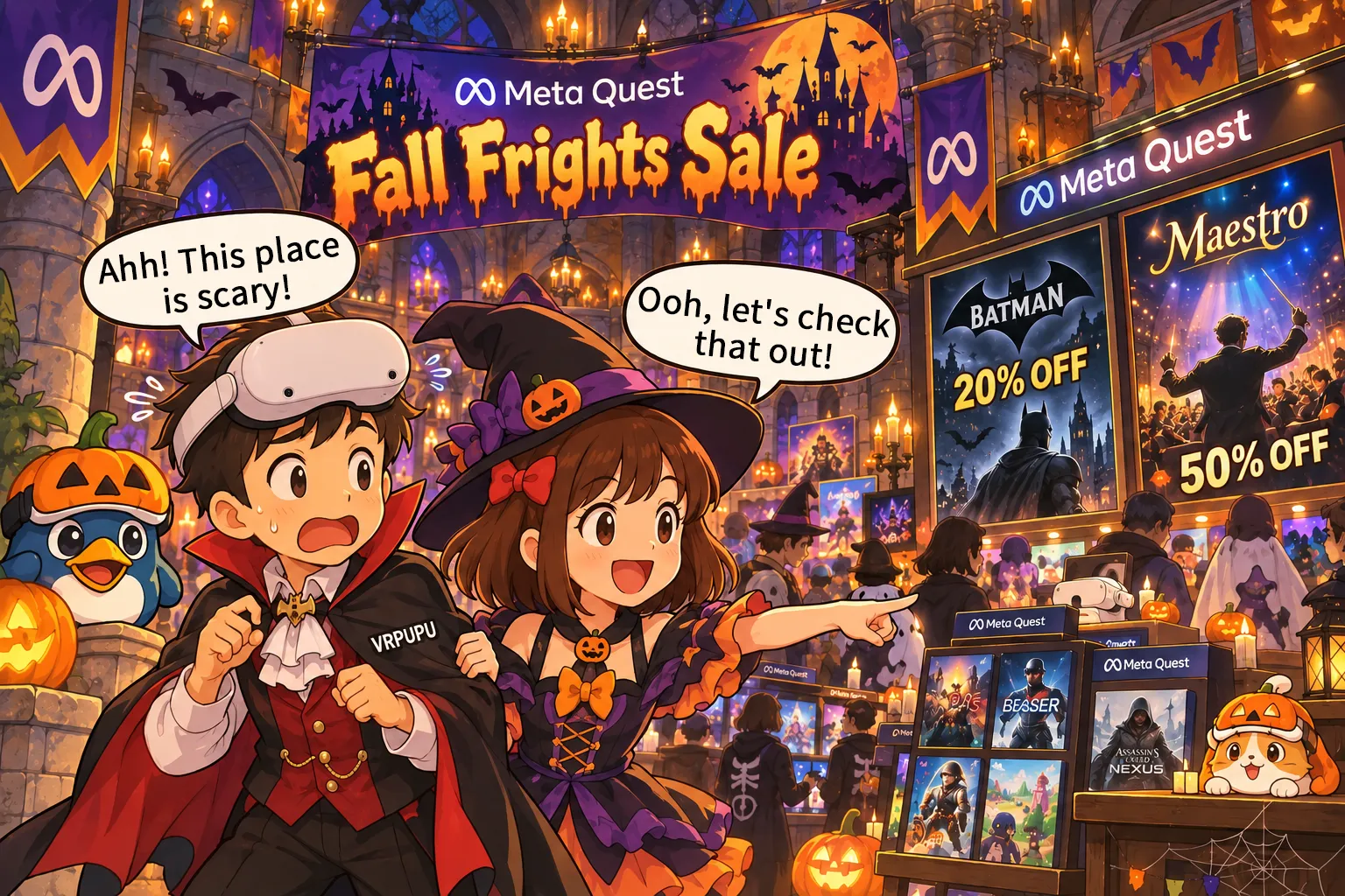Gugu dressed as a vampire and Mengmeng dressed as a witch explore the Meta Quest Fall Frights Sale in a Halloween castle, surrounded by VRPUPU and VRMUMU mascots, festive decorations, and Batman and Maestro discount posters.