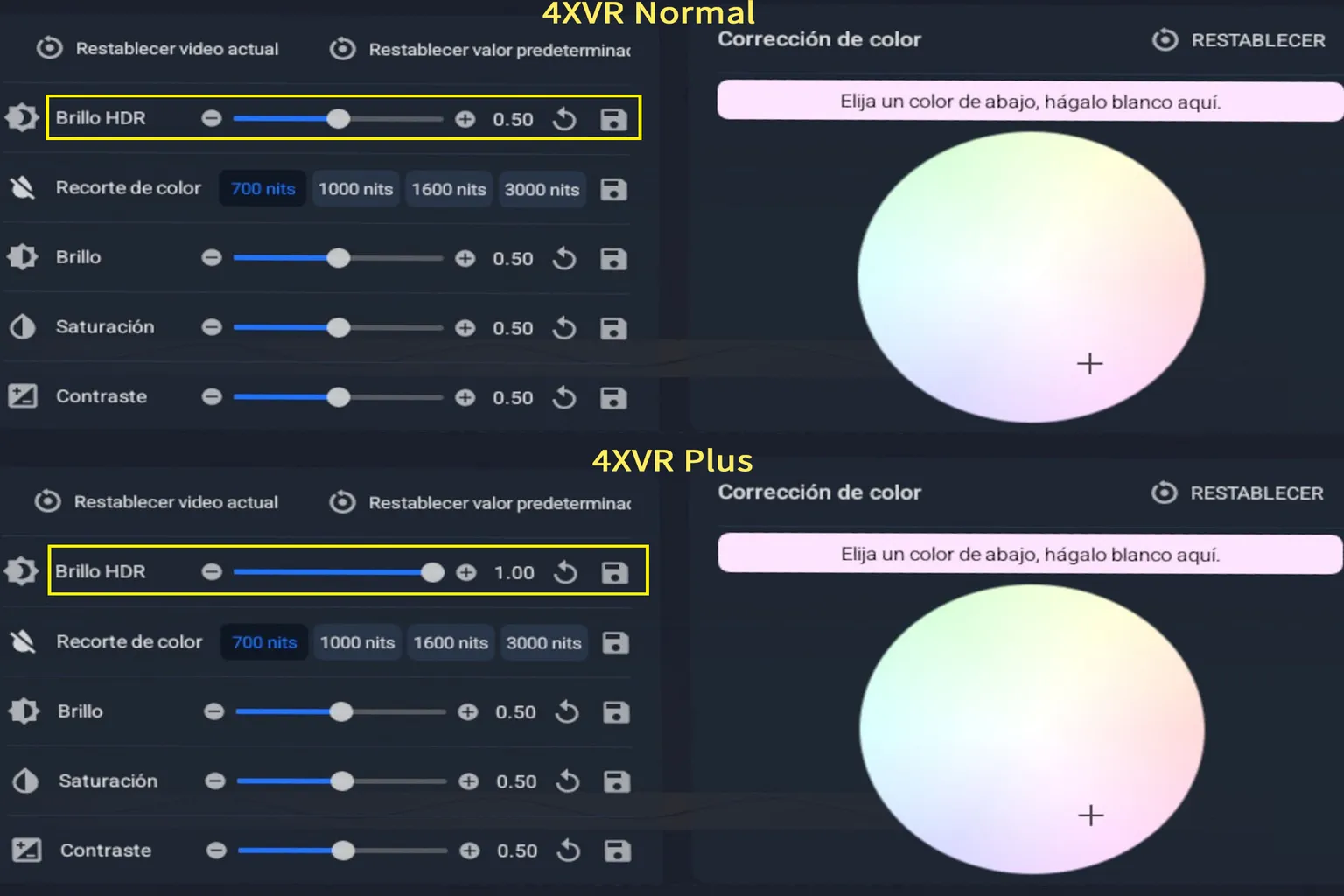 Comparación de los ajustes de brillo HDR entre los modos Normal y Plus de 4XVR, donde el modo Plus permite aumentar el brillo hasta 1,0, mientras que la versión estándar está limitada a 0,5; el resto de ajustes de imagen se mantiene igual.
