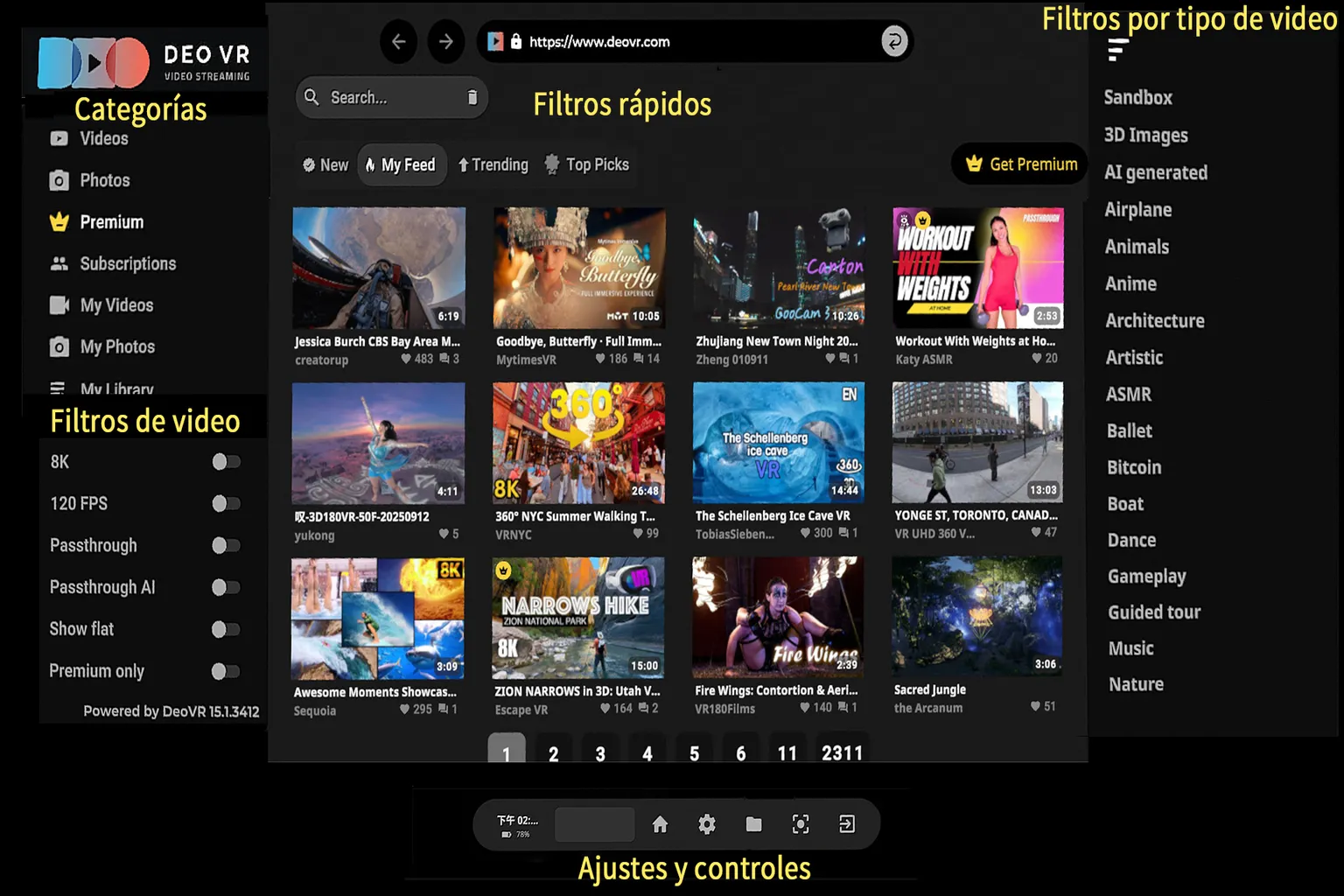 Interfaz principal de DeoVR con categorías, filtros de video y controles de reproducción.