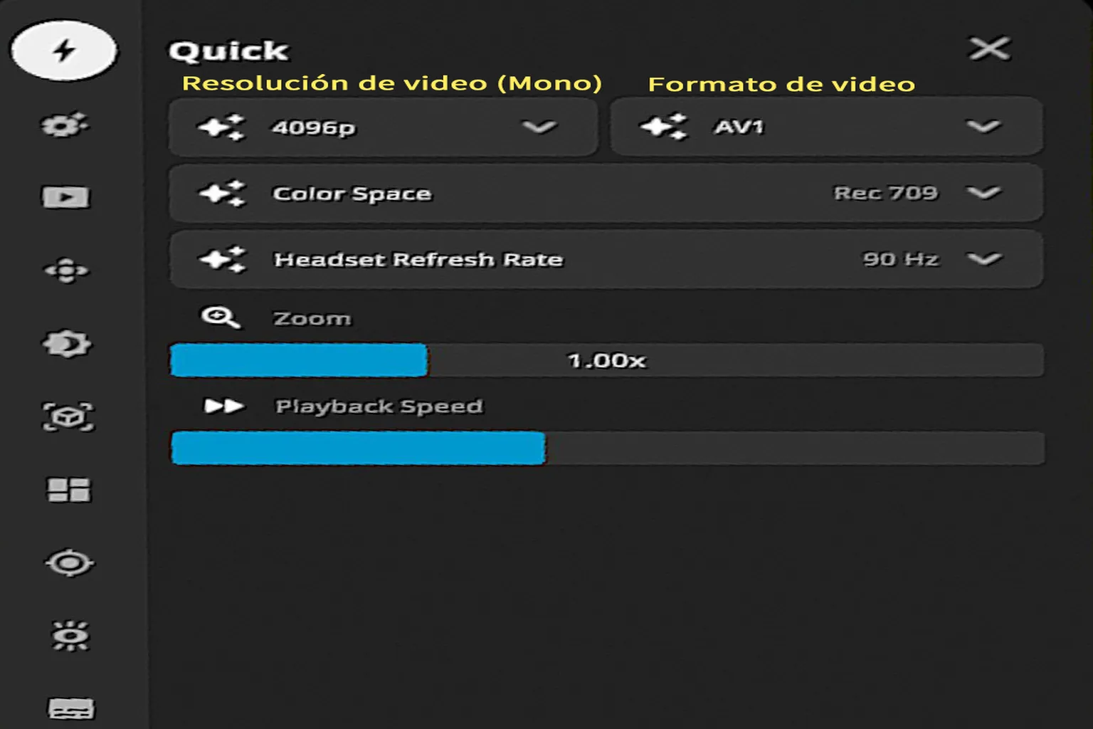 Panel Quick de DeoVR con resolución de video, formato, espacio de color, frecuencia de actualización y velocidad de reproducción.