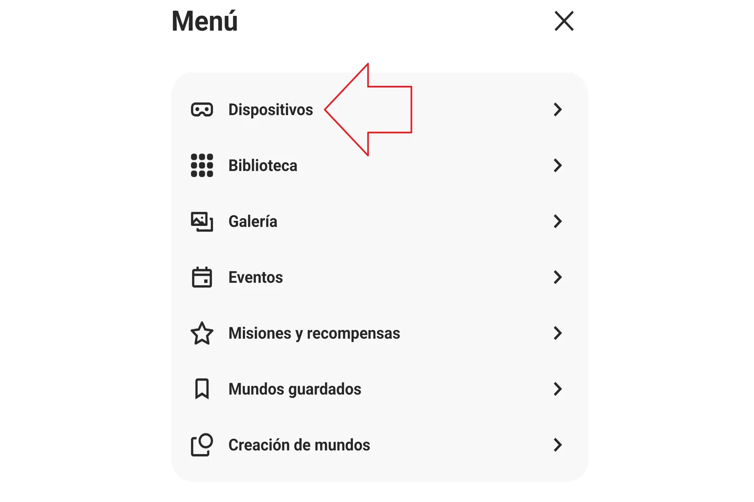 Menú de Meta Horizon con la opción Dispositivos resaltada