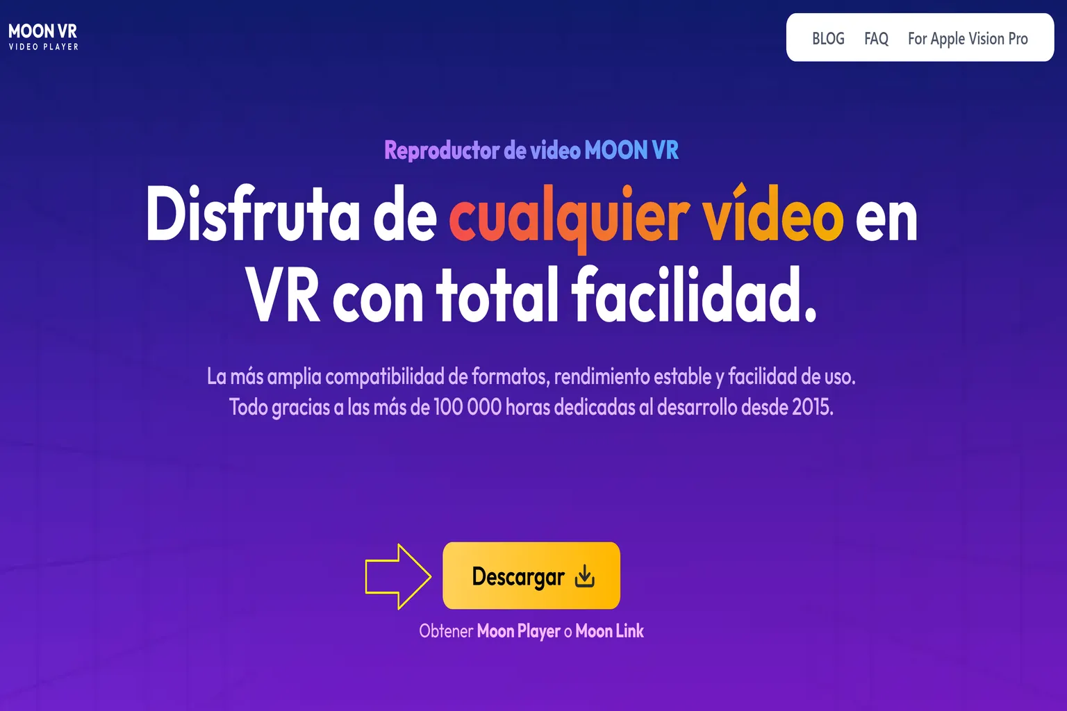 Página oficial de Moon VR Player en español con el botón «Descargar» para obtener Moon Player o Moon Link.