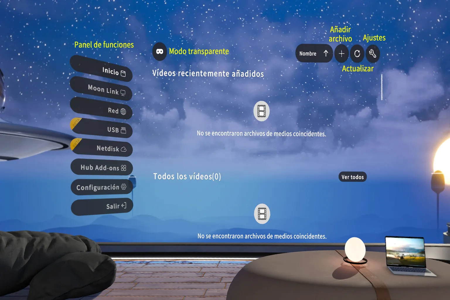 Interfaz principal de Moon VR Player con el panel de funciones, opciones de red, USB y configuración, y las secciones de vídeos añadidos recientemente y todos los vídeos