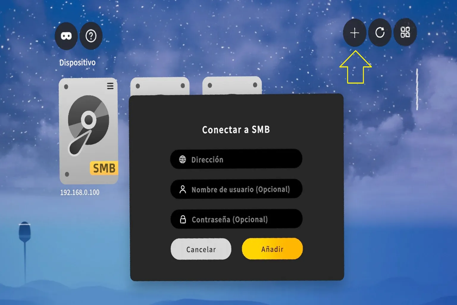 Pantalla de Moon VR Player para añadir una conexión SMB, con campos para la dirección, el nombre de usuario y la contraseña.