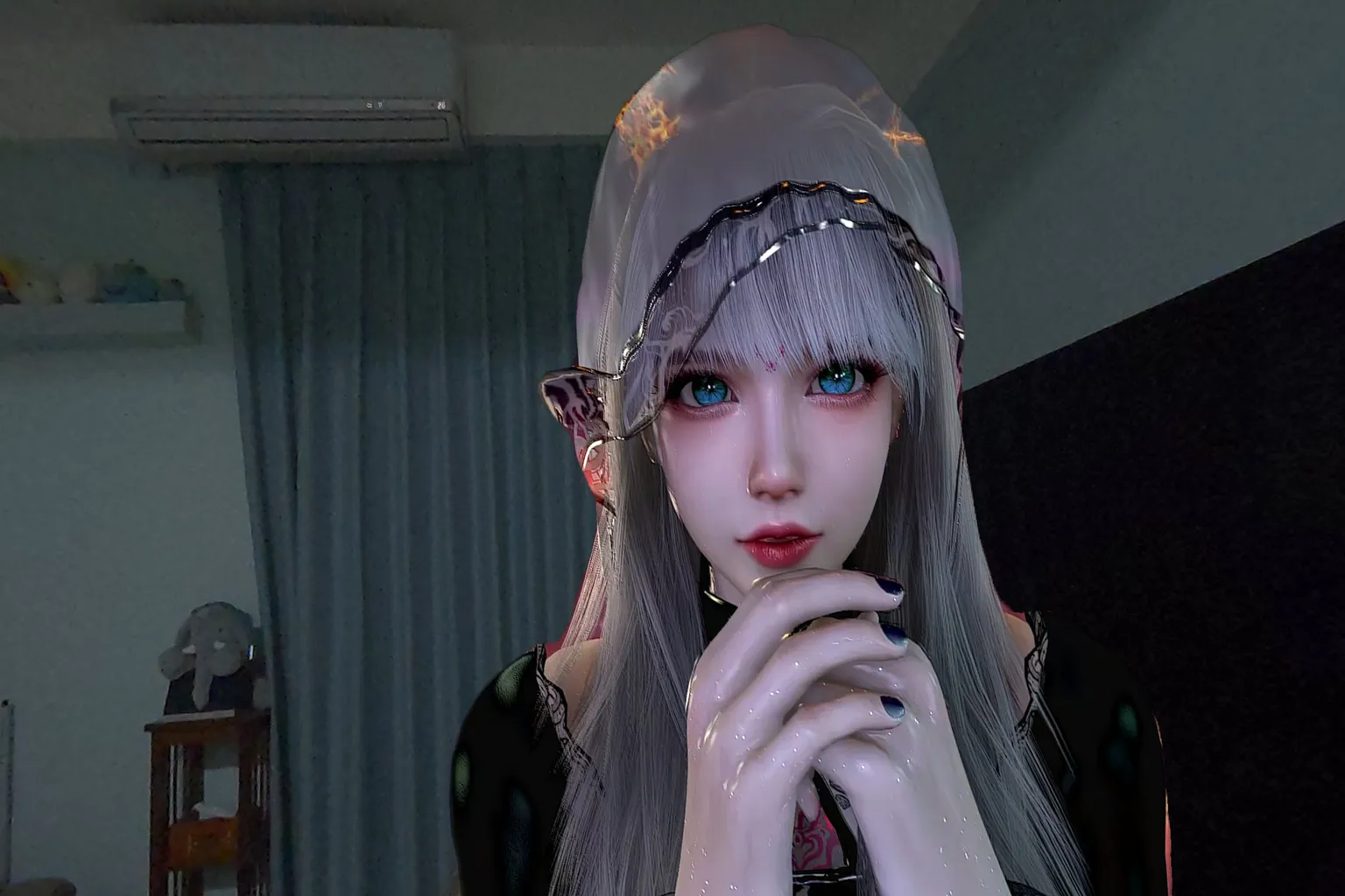 Personaje femenino de estilo fantástico integrado por IA en una habitación con DeoVR.