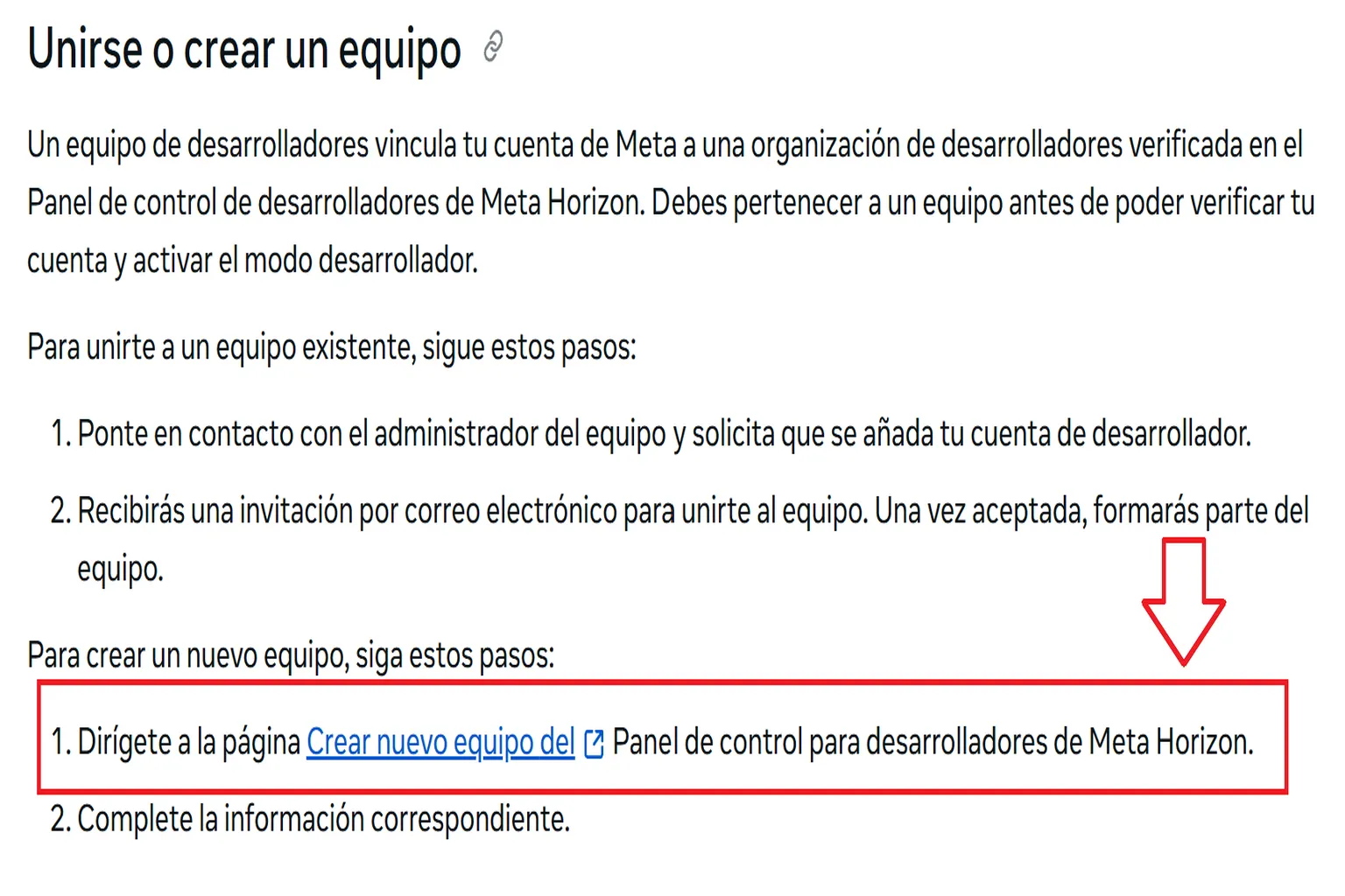 Instrucciones de Meta Horizon para crear un nuevo equipo de desarrolladores