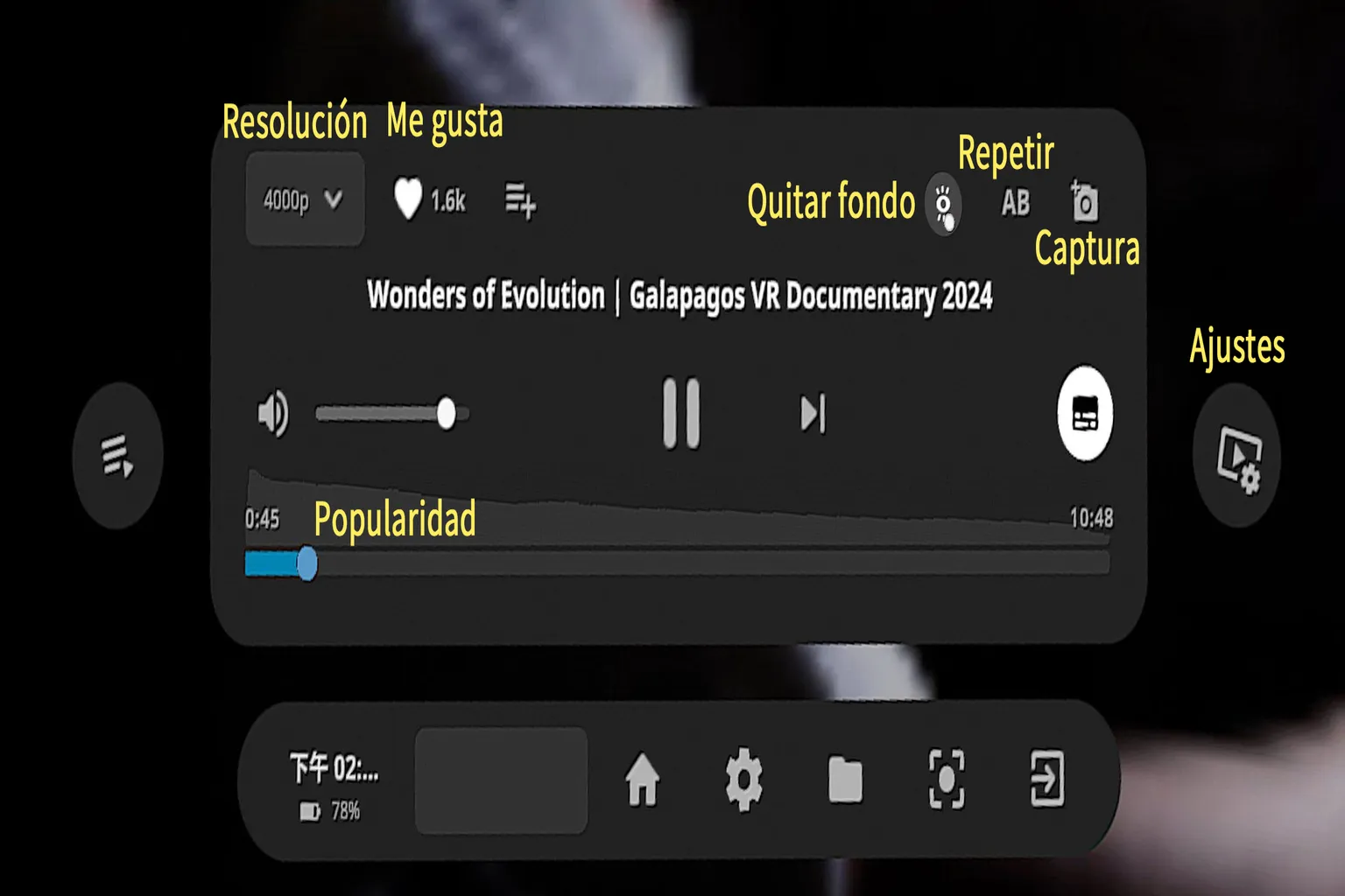 Controles de reproducción de DeoVR con resolución, Me gusta, repetición, captura y popularidad del video.