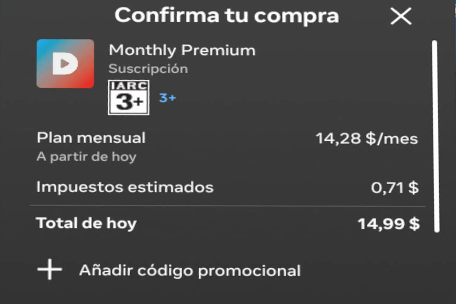 Pantalla de compra de la suscripción mensual Premium de DeoVR con precio, impuestos y método de pago.