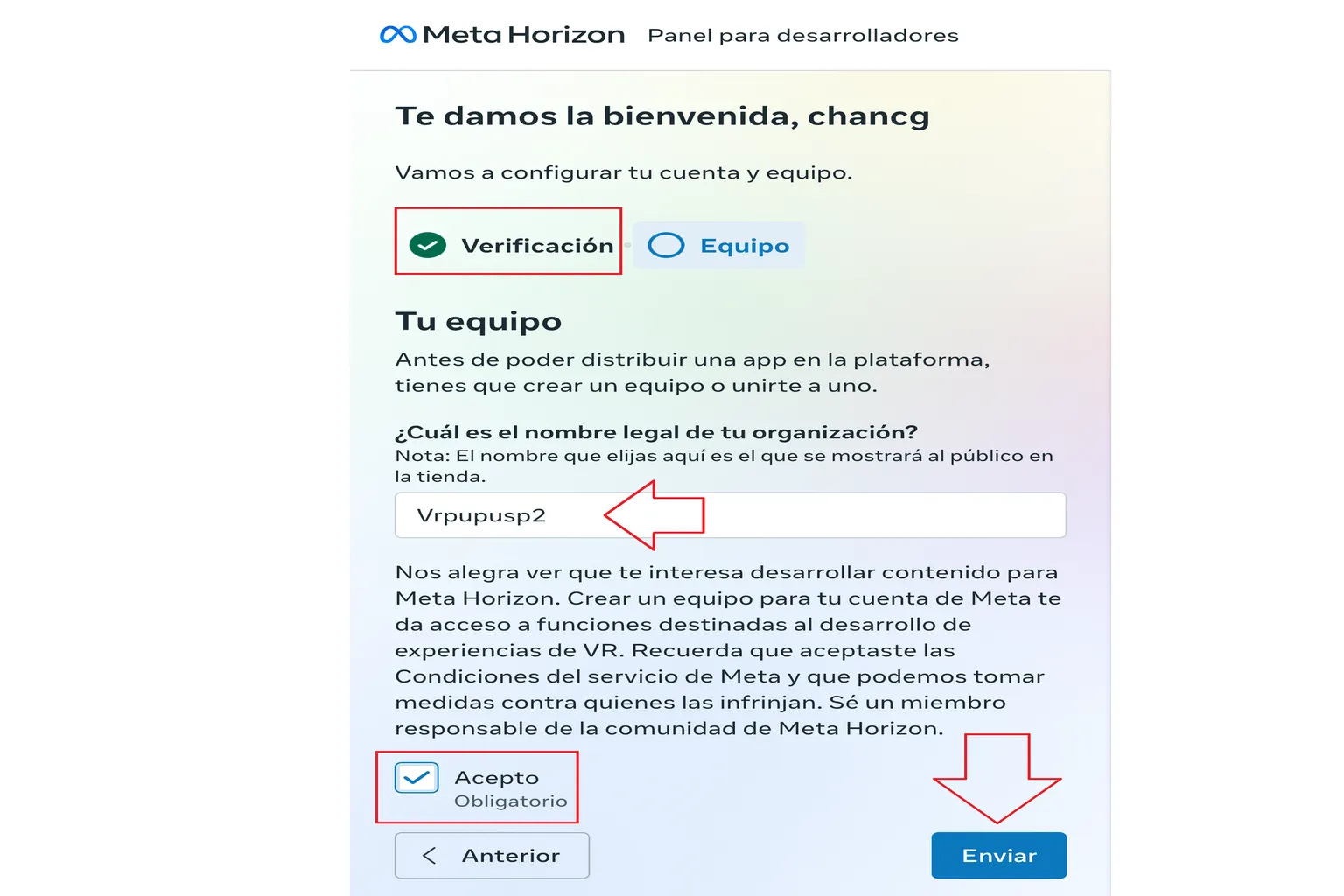 Creación de un equipo de Meta Horizon con el campo para introducir el nombre de la organización
