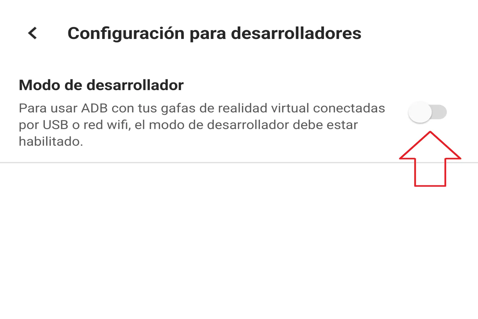 Configuración para desarrolladores con el interruptor del Modo de desarrollador disponible
