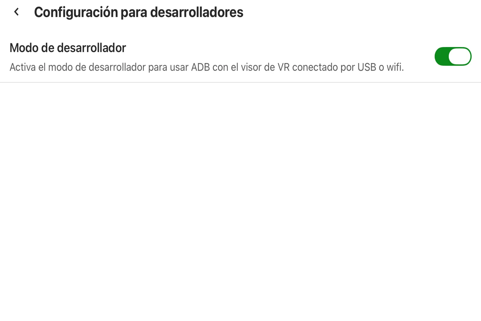 Modo de desarrollador activado en la configuración de Meta Quest