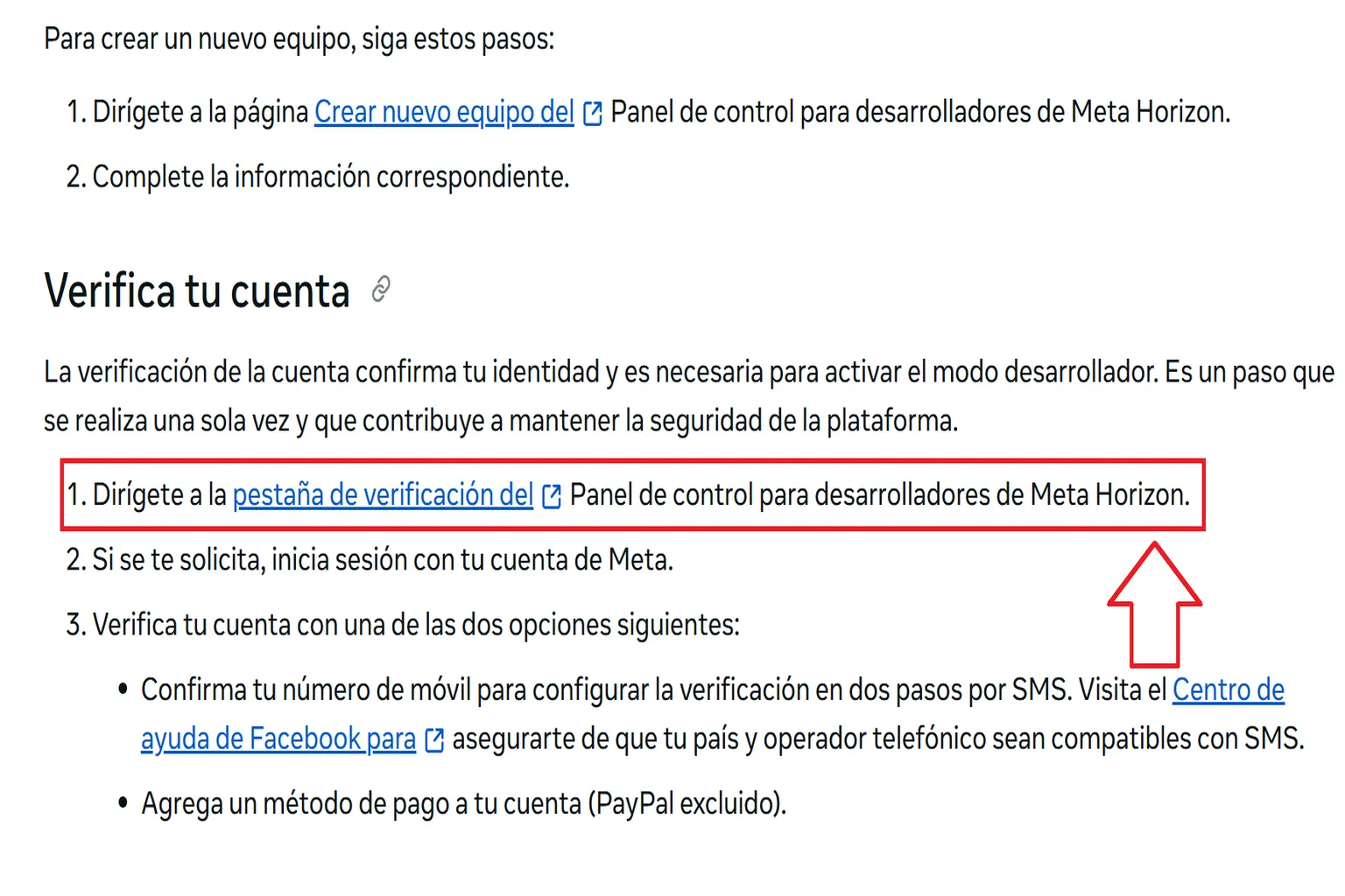 Instrucciones de Meta Horizon para verificar la cuenta de desarrollador