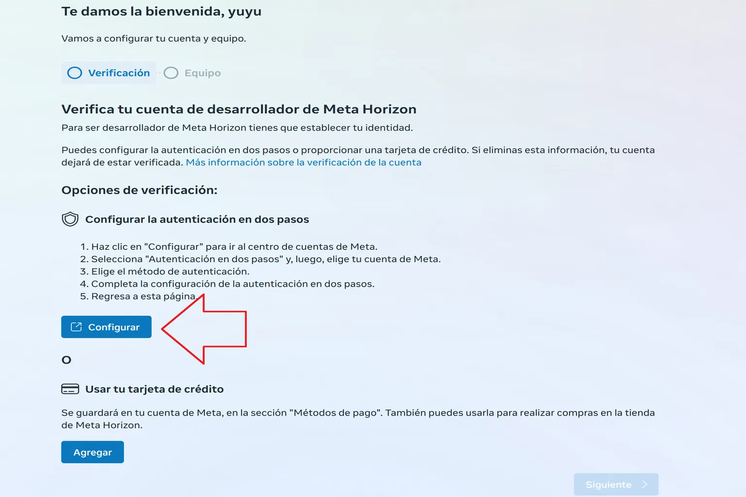 Página de verificación de Meta Horizon con la opción Configurar la autenticación en dos pasos resaltada