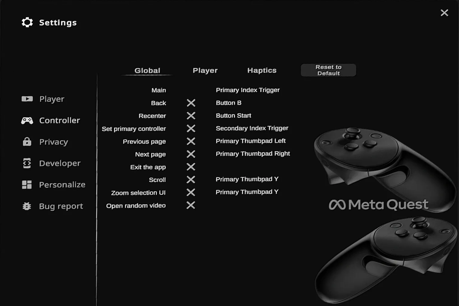 Configuración de controles de DeoVR con asignación de botones para los mandos Meta Quest.