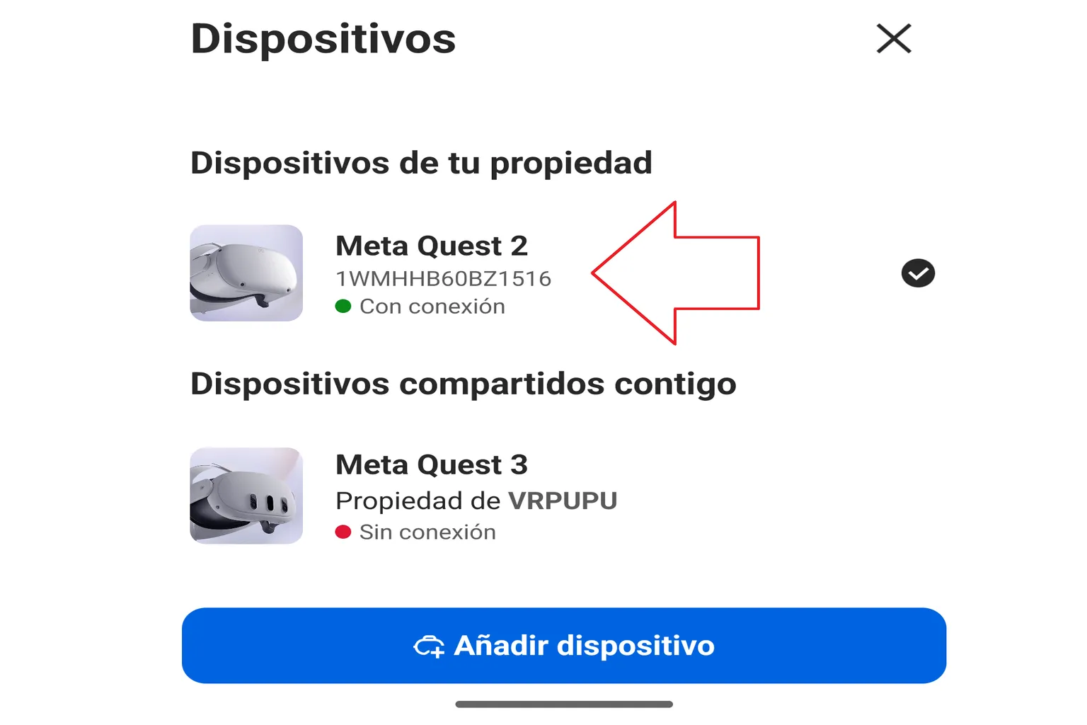 Lista de dispositivos de Meta Horizon con un Meta Quest 2 seleccionado