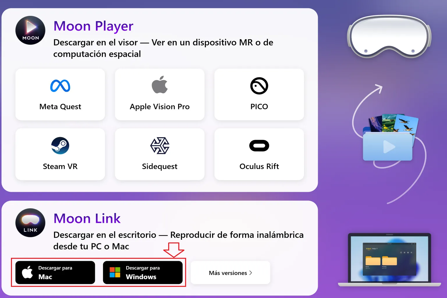 Página de descarga de Moon Player y Moon Link con opciones para Meta Quest, Apple Vision Pro, PICO, SteamVR, SideQuest y Oculus Rift, y botones para descargar Moon Link en Windows o Mac.
