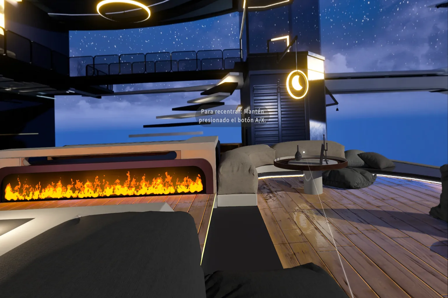 Entorno virtual de Moon VR Player con una sala moderna, chimenea, sofás y grandes ventanales con vistas a un cielo estrellado.