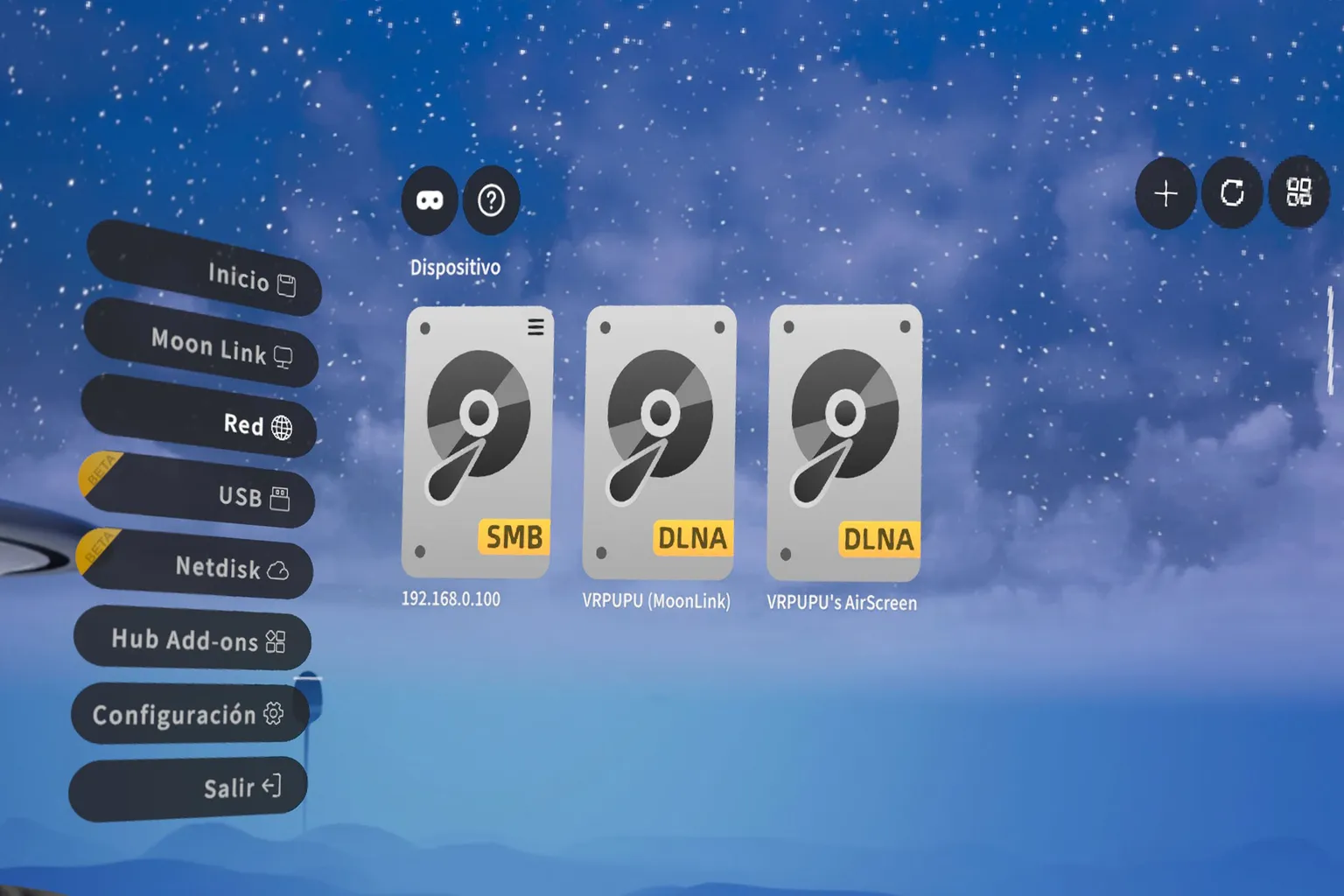 Pantalla de red de Moon VR Player mostrando una conexión SMB y dos servidores DLNA detectados correctamente.