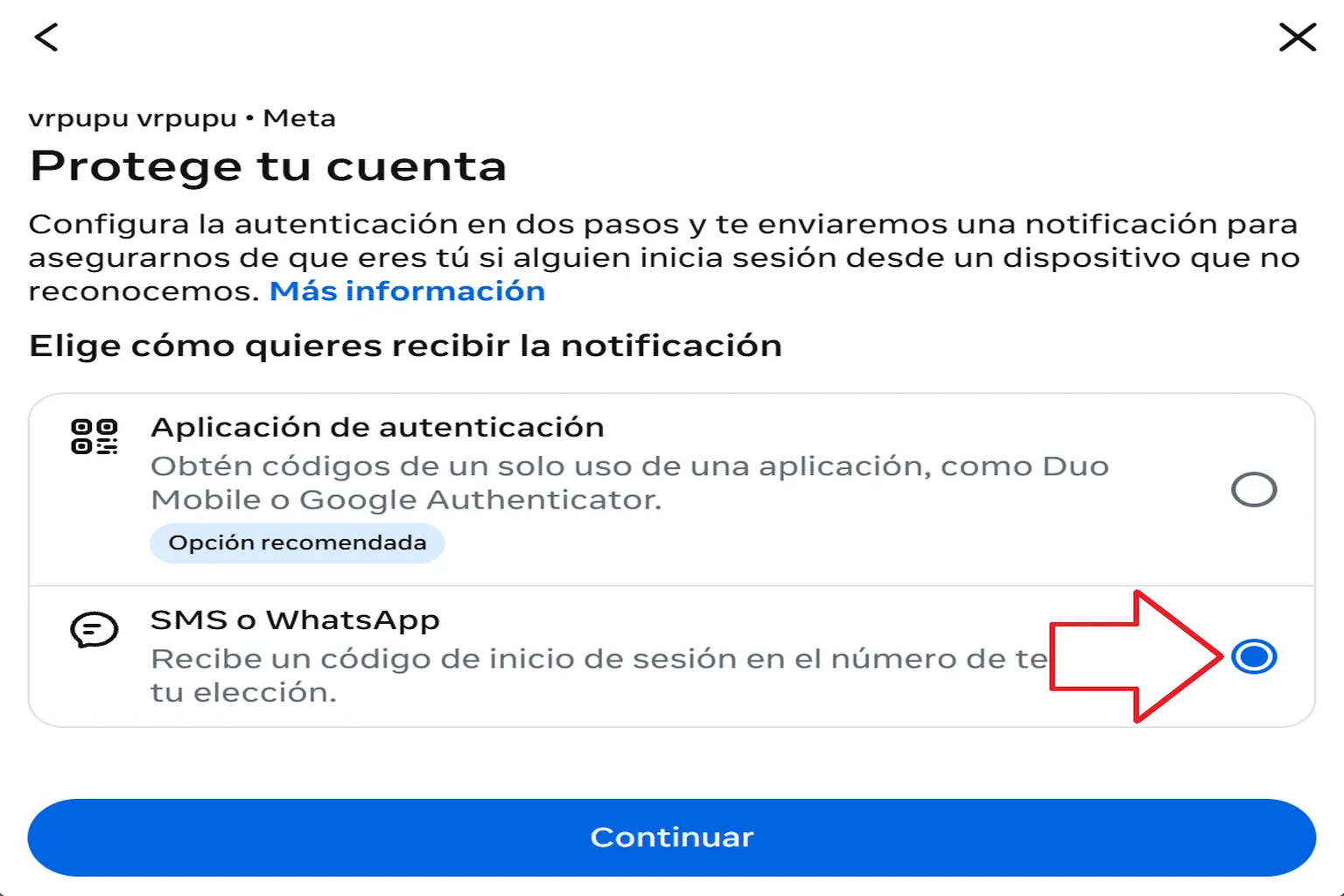 Configuración de la autenticación en dos pasos con SMS o WhatsApp seleccionado