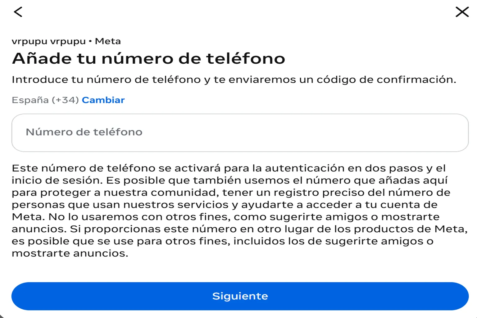 Pantalla para añadir un número de teléfono a la autenticación en dos pasos de Meta