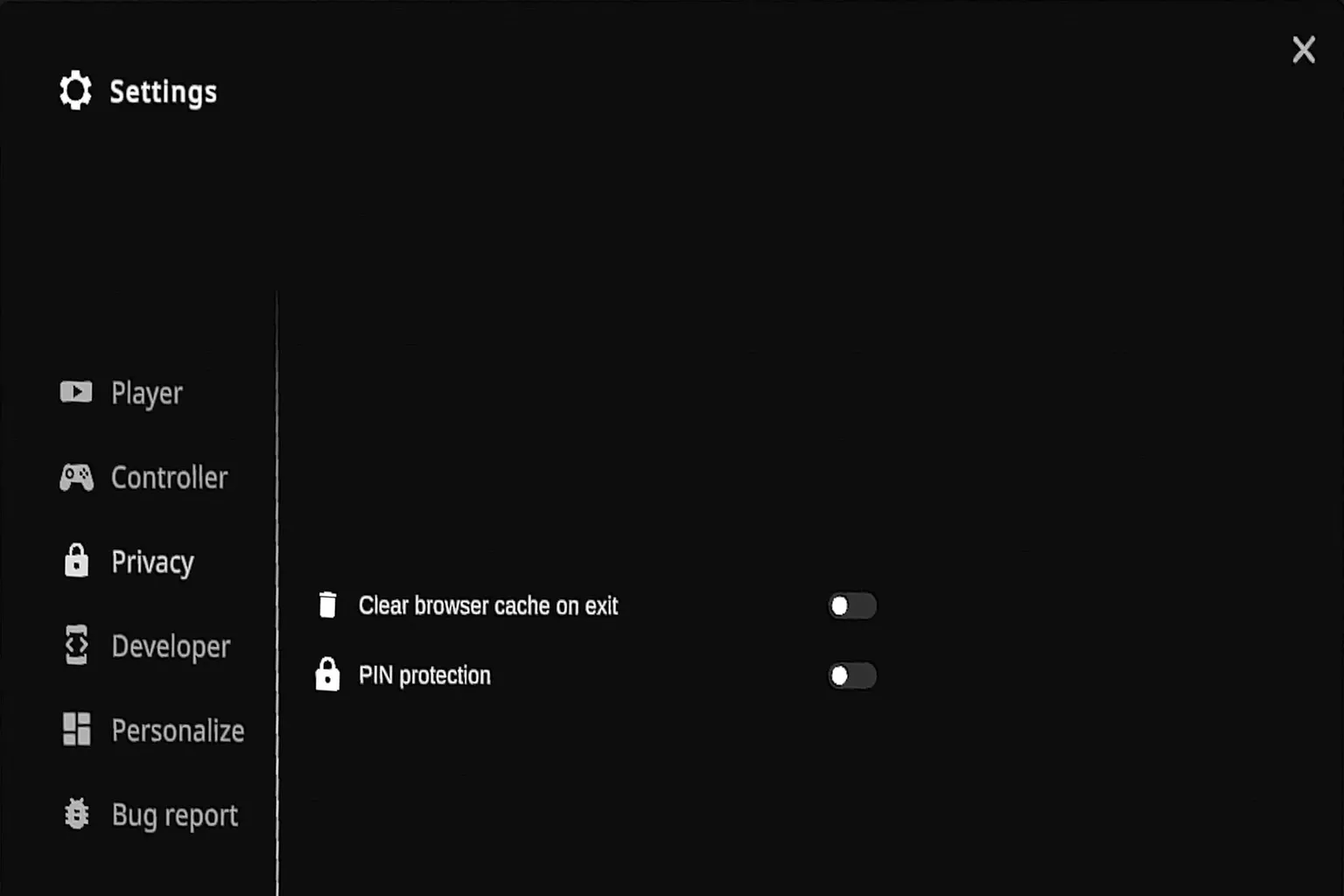 Menú de privacidad de DeoVR con opciones para borrar la caché del navegador y activar la protección con PIN.