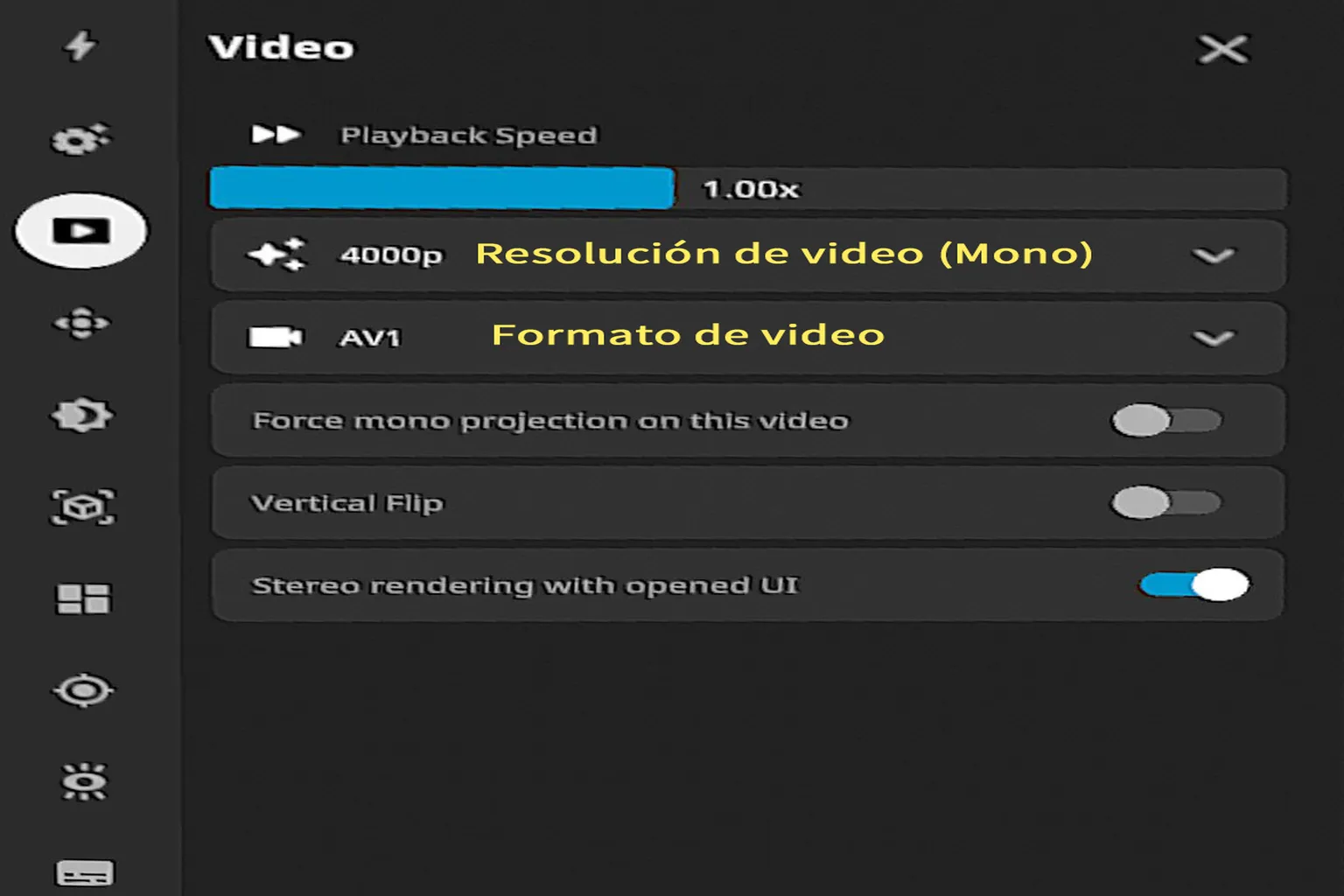 Ajustes de video de DeoVR con velocidad de reproducción, resolución, formato, modo mono, volteo vertical y renderizado estéreo.