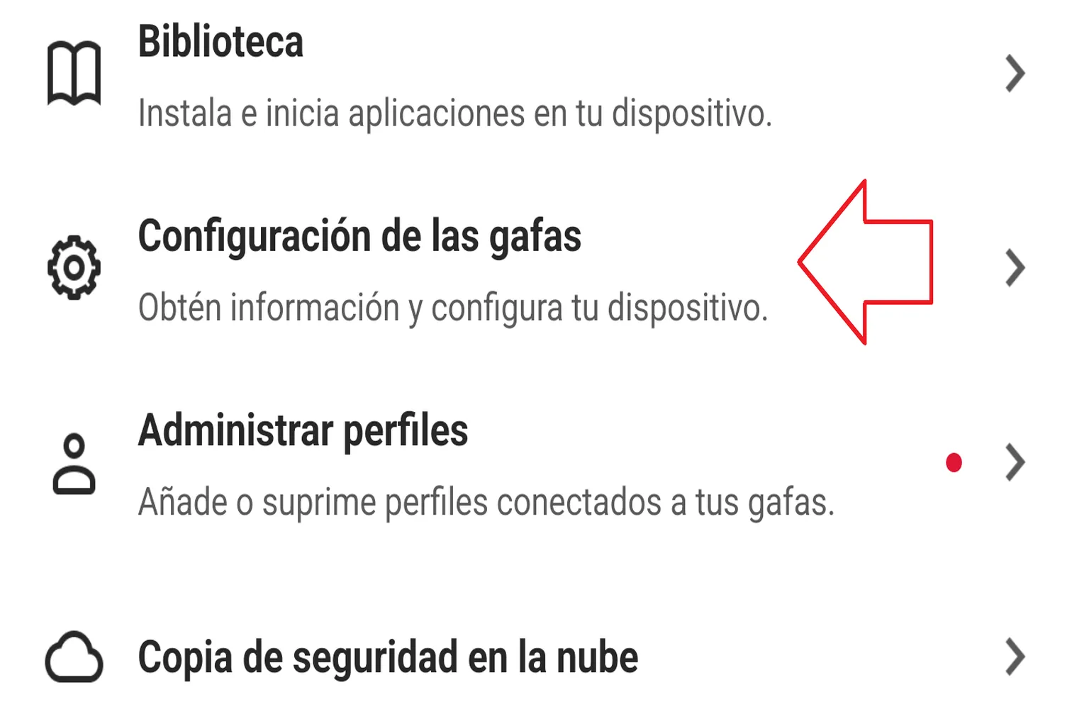 Menú del visor con la opción Configuración de las gafas resaltada