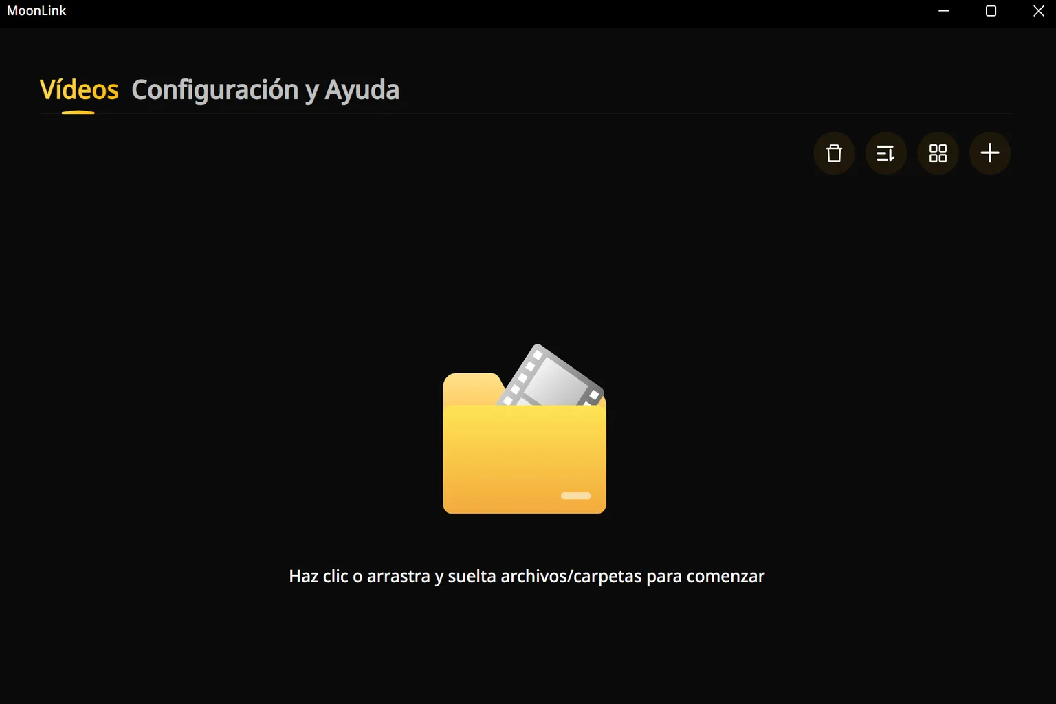 Interfaz principal de Moon Link en Windows con las secciones «Vídeos», «Configuración» y «Ayuda», y una carpeta de vídeo añadida a la biblioteca.