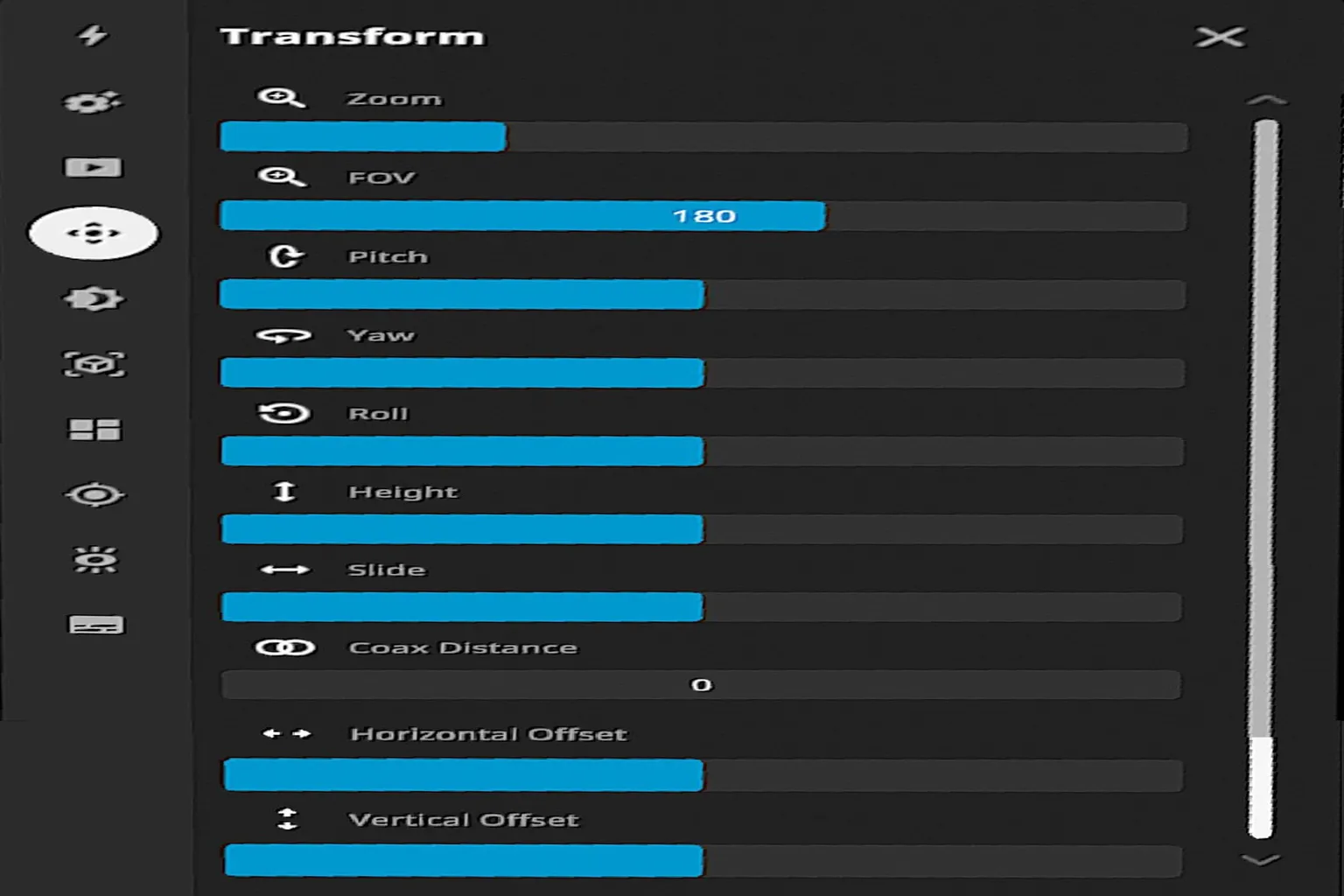 Panel Transform de DeoVR con controles de zoom, FOV, inclinación, giro, altura y desplazamiento del video.