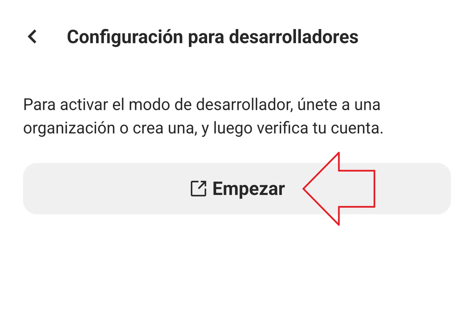 Pantalla de Configuración para desarrolladores con el botón Empezar resaltado