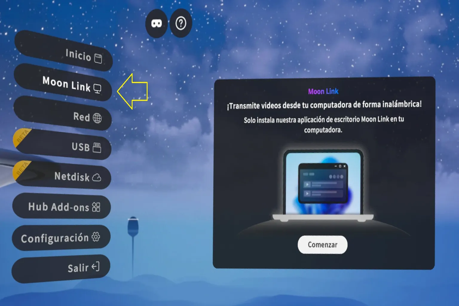 Pantalla de Moon Player en VR con la opción Moon Link seleccionada y una guía para transmitir vídeos de forma inalámbrica desde el ordenador.
