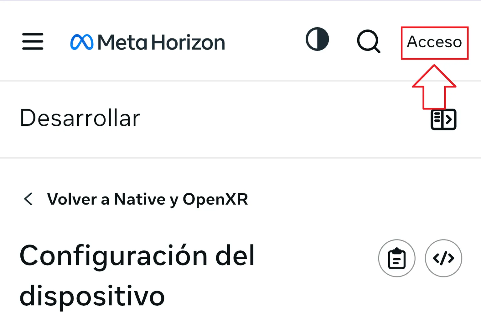 Página de configuración del dispositivo de Meta Horizon con la opción Acceso resaltada