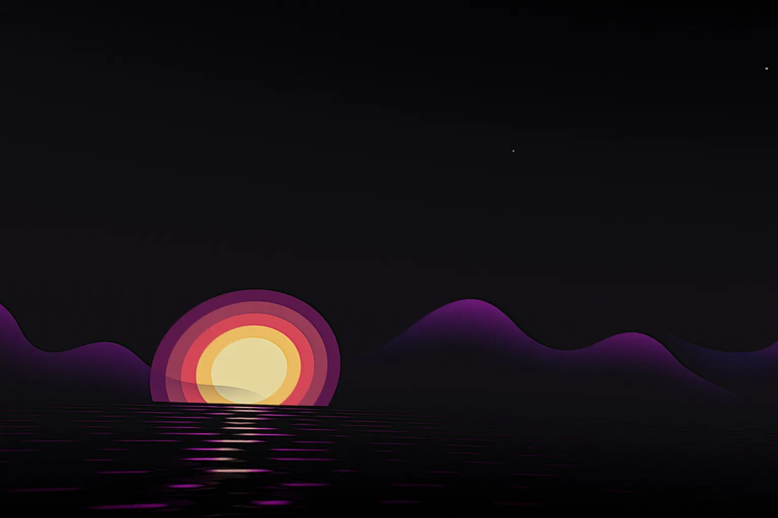 Fondo virtual Sunset de DeoVR con sol estilizado, montañas y reflejos sobre el agua.