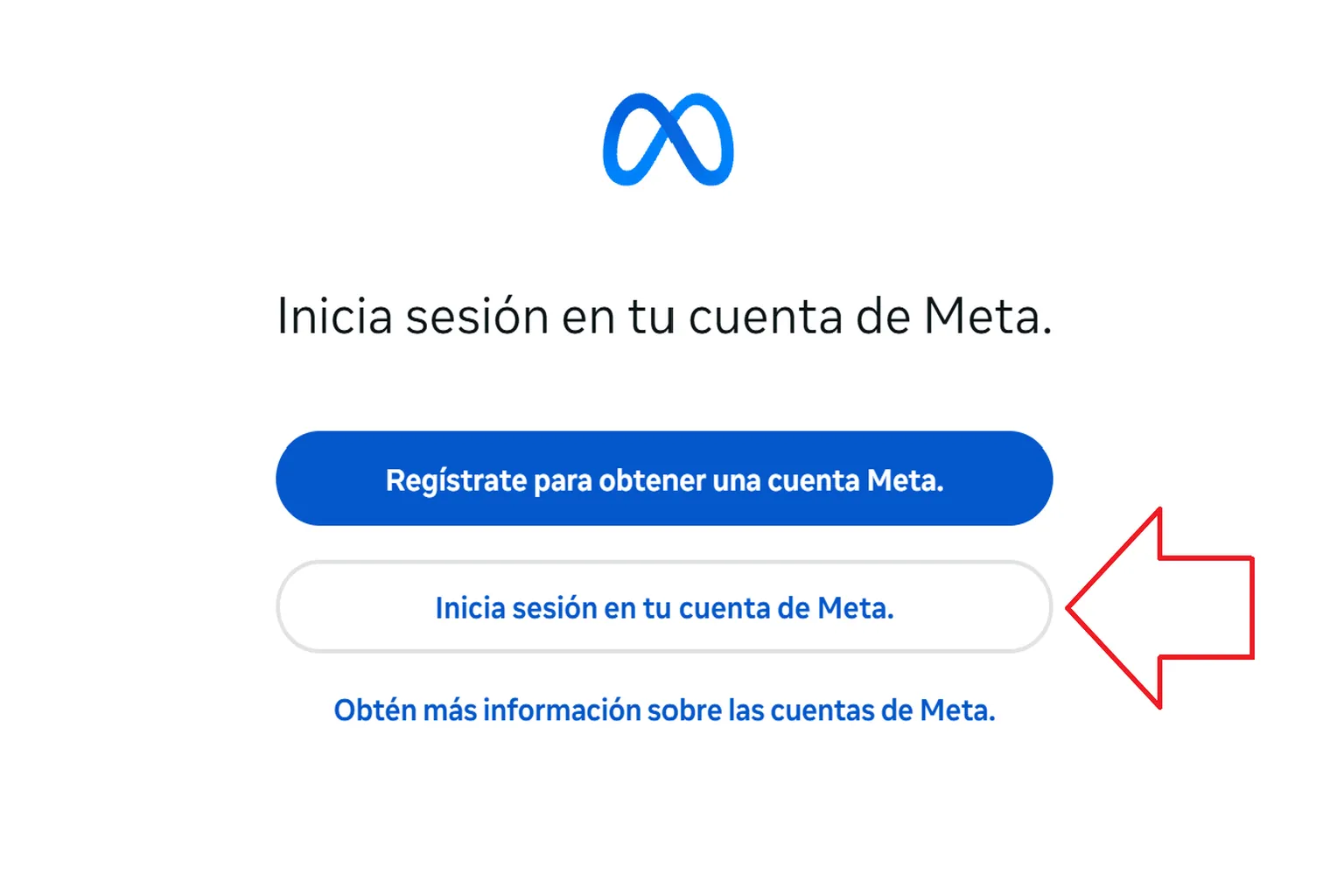 Pantalla de Meta para iniciar sesión con el botón Inicia sesión en tu cuenta de Meta resaltado