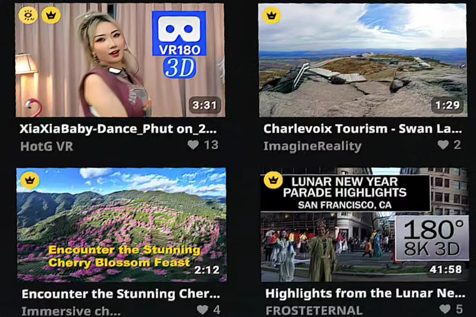 Miniaturas de videos Premium de DeoVR con contenido VR180, paisajes y videos turísticos.
