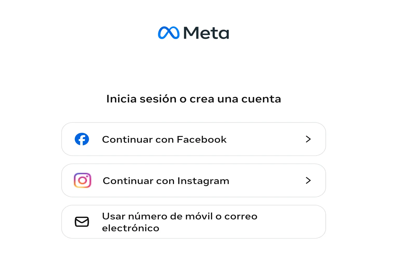 Pantalla de inicio de sesión de Meta con opciones de Facebook, Instagram, móvil y correo electrónico