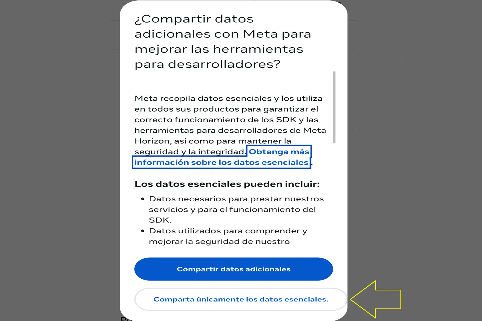 Ventana de consentimiento de datos con la opción para compartir únicamente los datos esenciales