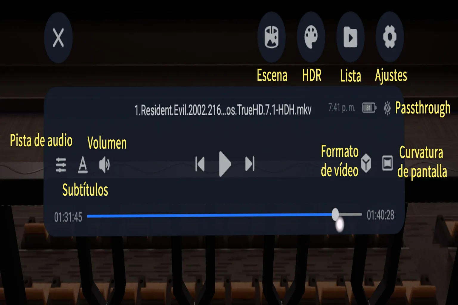Interfaz principal de reproducción de 4XVR Video Player con accesos a escena, HDR, lista, ajustes, audio, subtítulos y formato de vídeo.