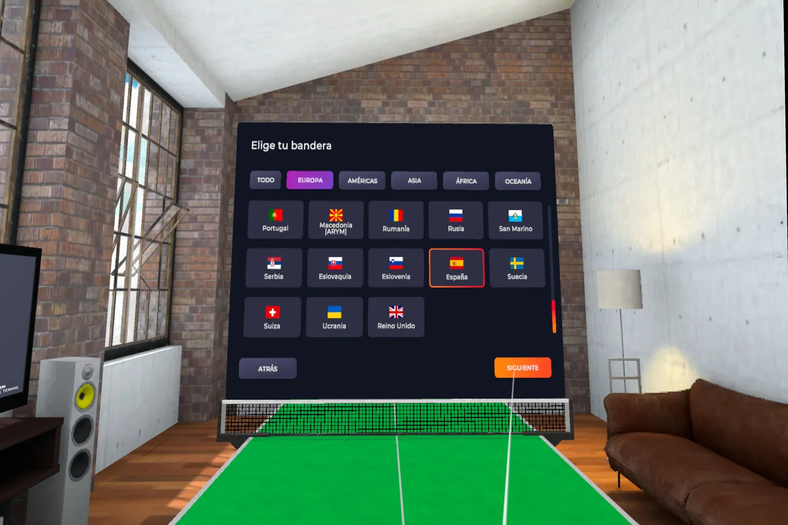 Selección de la bandera de España en Eleven Table Tennis VR