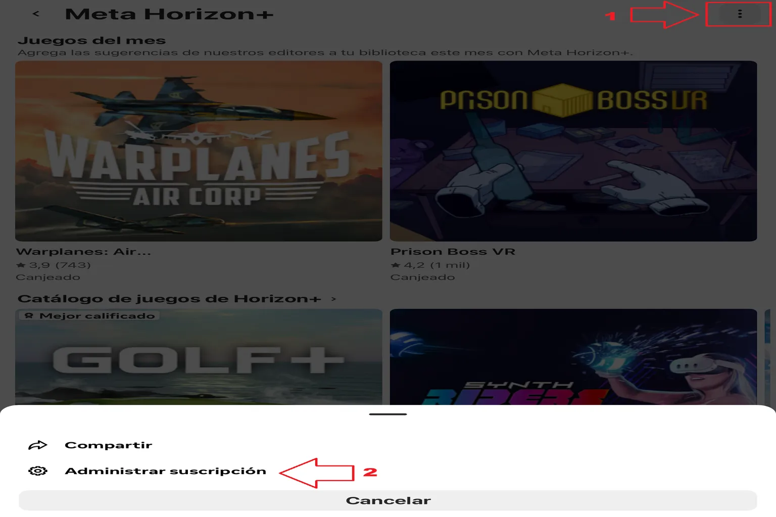 Página de Meta Horizon+ con el menú de opciones abierto y la opción Administrar suscripción señalada.