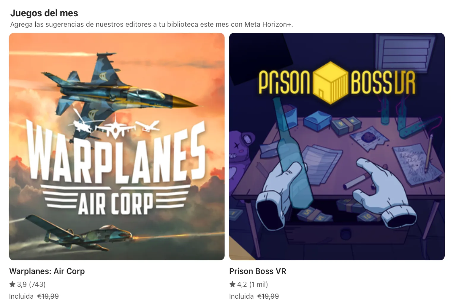 Sección Juegos del mes de Meta Horizon+ con Warplanes: Air Corp y Prison Boss VR incluidos para los suscriptores.