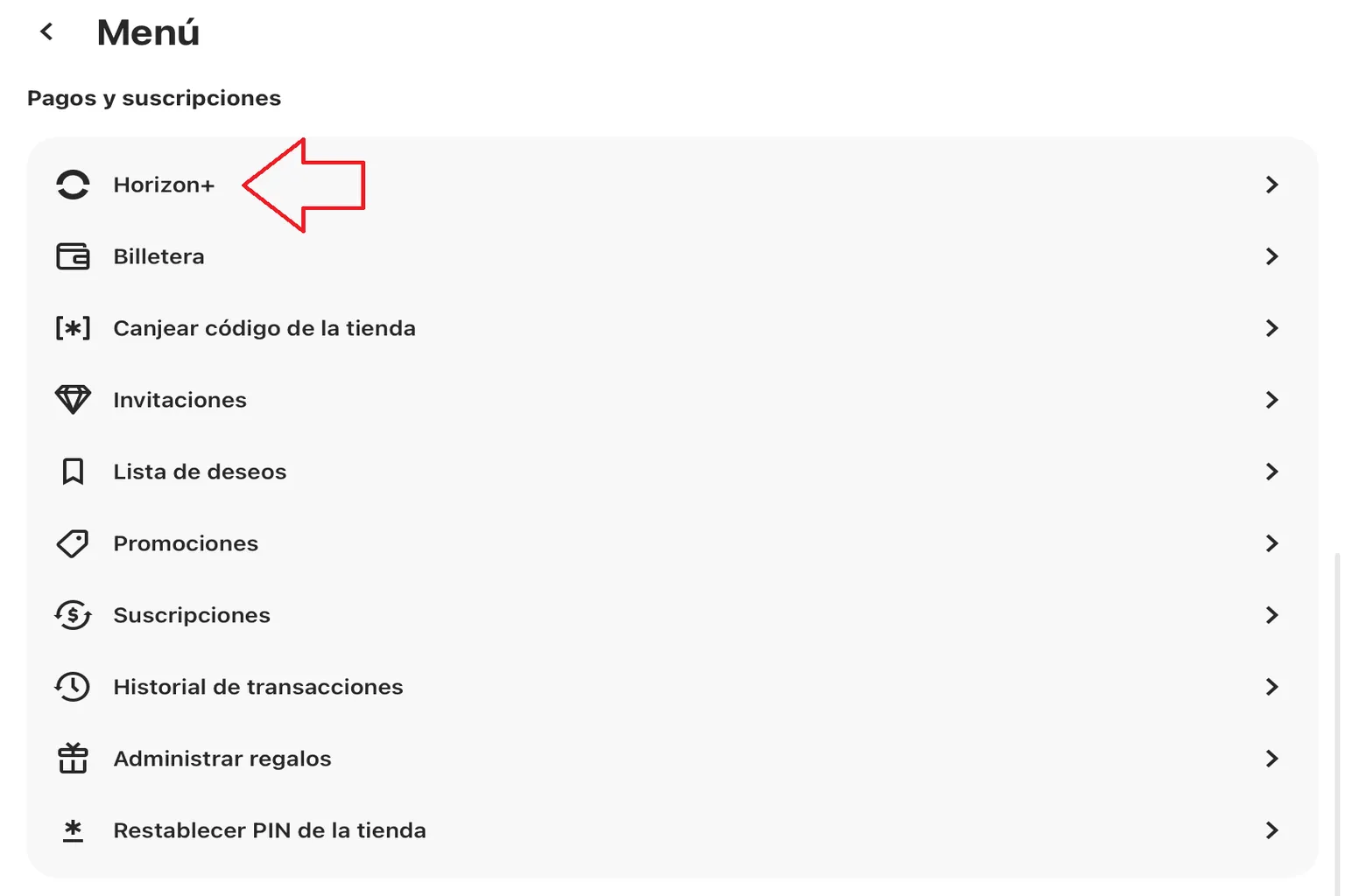 Menú de Meta Horizon con la opción Horizon+ señalada dentro de Pagos y suscripciones.