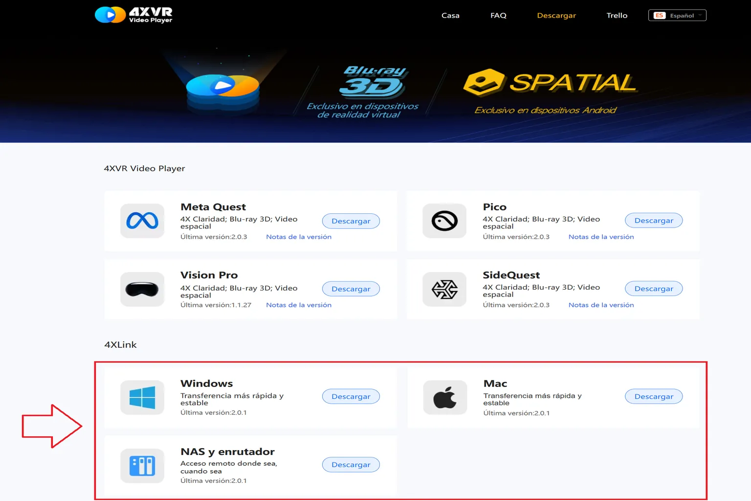 Página de descarga de 4XVR mostrando las versiones de 4XLink para Windows, Mac, NAS y router.