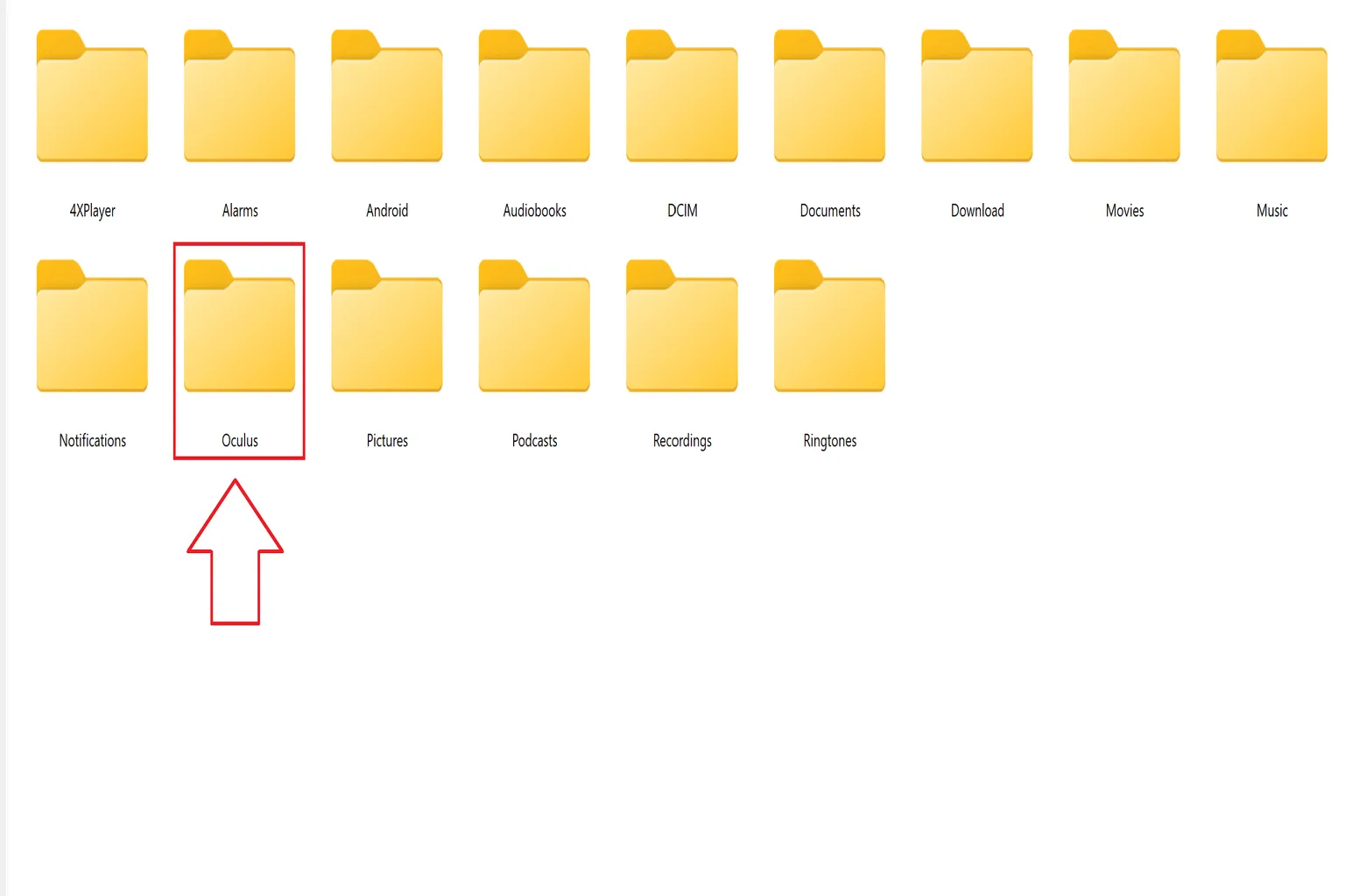 Explorador de archivos de Windows mostrando la carpeta Oculus dentro del almacenamiento interno de Meta Quest 3.