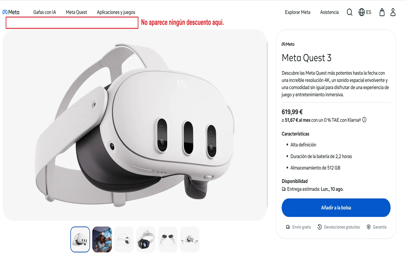Página de Meta Quest 3 sin mostrar la promoción de 30 € en Quest Cash.