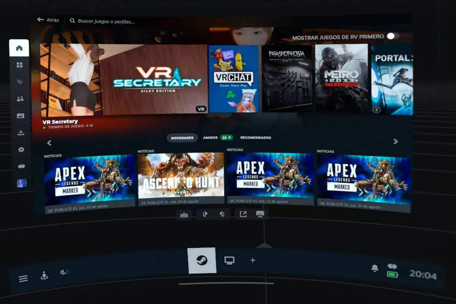 Pantalla principal de la interfaz virtual con juegos recientes, noticias y accesos laterales.