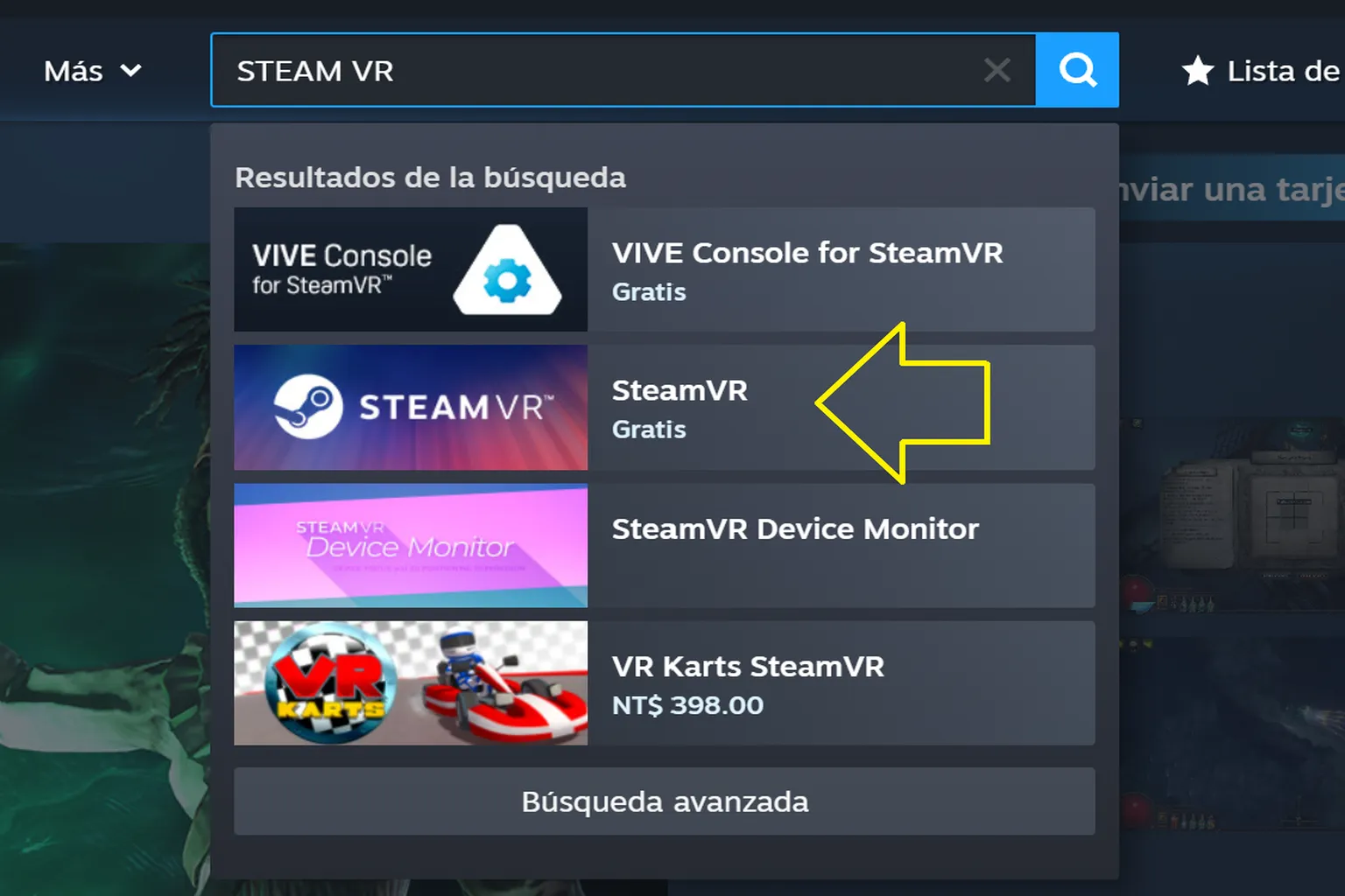 Resultados de búsqueda en la tienda de Steam, con la aplicación de realidad virtual gratuita señalada con una flecha amarilla.